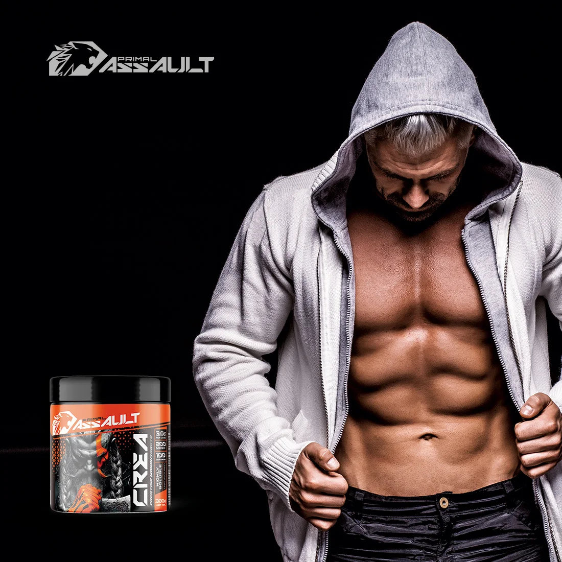 Assault creatine powder unflavored 300g+300g 100% micronized creatine monohydrate does not include a dispenser without additives and free of contaminants non-gmo, vegan, gluten-free