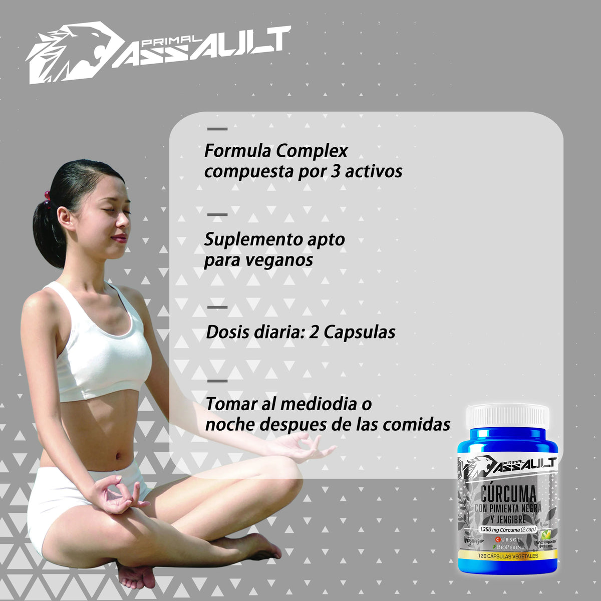 Primal assault |   Organic turmeric with ginger and black pepper (1420mg x dose) - curcumin and piperine - turmeric bio turmeric -120 capsules