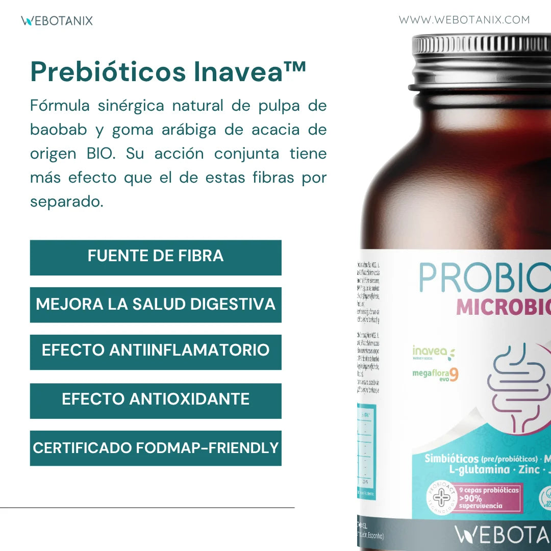Webotanix. |   Probiotax microbiota capsules |   Symbiotic with megaflora 9 probiotics and inavea prebiotics |   With lion's mane, l-glutamine and zinc |   Digestive health and immunity |   60 capsules |   Vegan