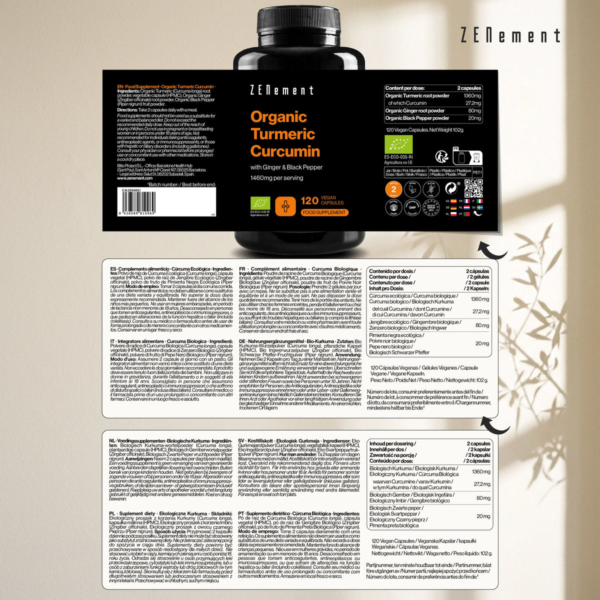 Organic turmeric with black pepper and ginger - 120 vegan capsules zenement