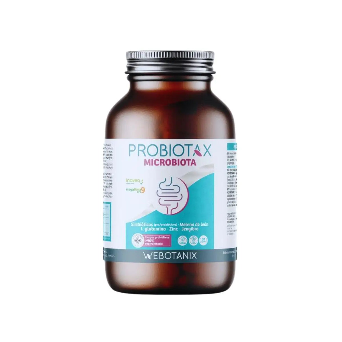 Webotanix. |   Probiotax microbiota capsules |   Symbiotic with megaflora 9 probiotics and inavea prebiotics |   With lion's mane, l-glutamine and zinc |   Digestive health and immunity |   60 capsules |   Vegan