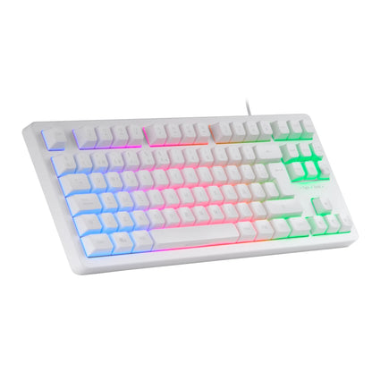 Mars gaming mk023, tkl gaming keyboard, hybrid h-mech technology, frgb rainbow lighting, anti-ghosting, universal compatibility, black or white keyboard and with language in spanish, french or portuguese