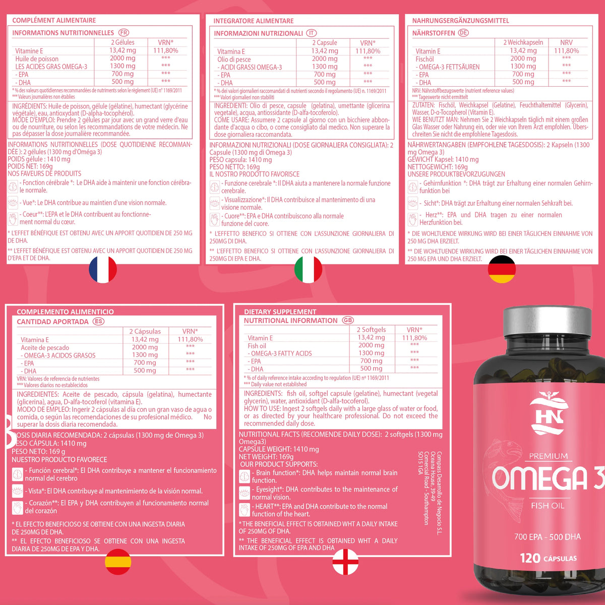 Hn healthy nutrition omega 3 capsules 2000 mg - 120 soft pearls with fish oil and vitamin e - omega 3 with epa (eicosapentaenoic acid) and dha (docosahexaenoic acid) - 700 mg epa and 500 mg dha