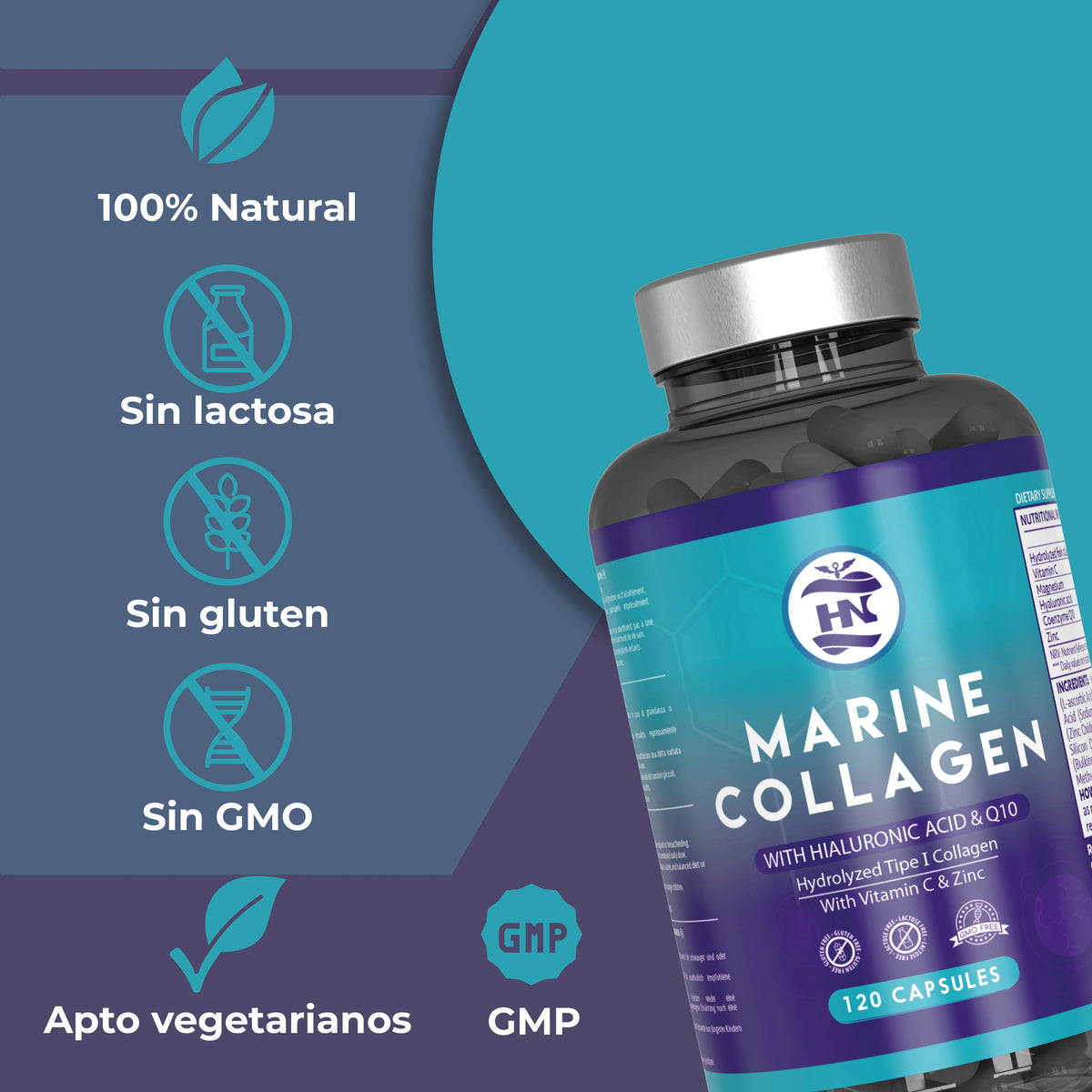 Hn healthy nutrition hydrolyzed marine collagen with hyaluronic acid, vitamin c, coenzyme q10, zinc and magnesium - 120 capsules - food supplement