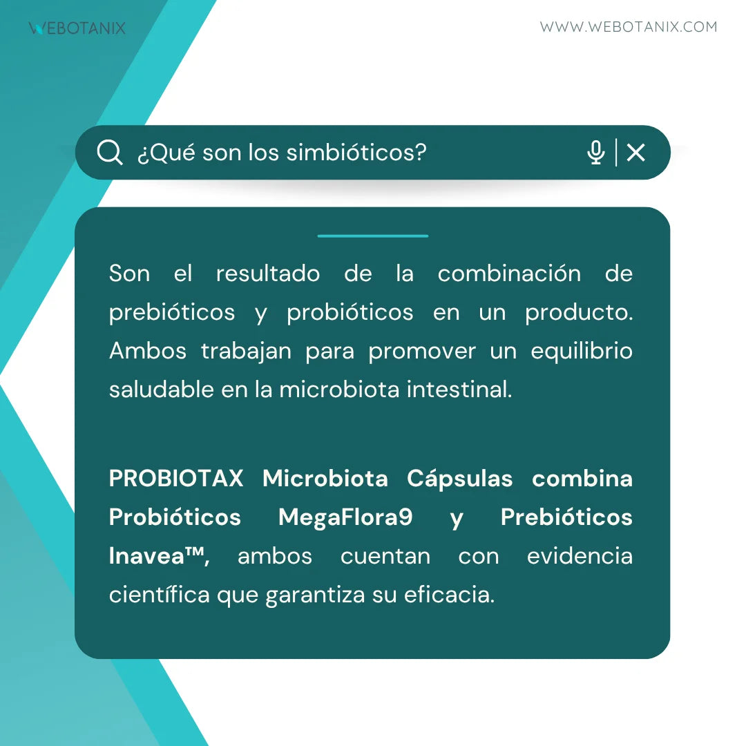 Webotanix. |   Probiotax microbiota capsules |   Symbiotic with megaflora 9 probiotics and inavea prebiotics |   With lion's mane, l-glutamine and zinc |   Digestive health and immunity |   60 capsules |   Vegan