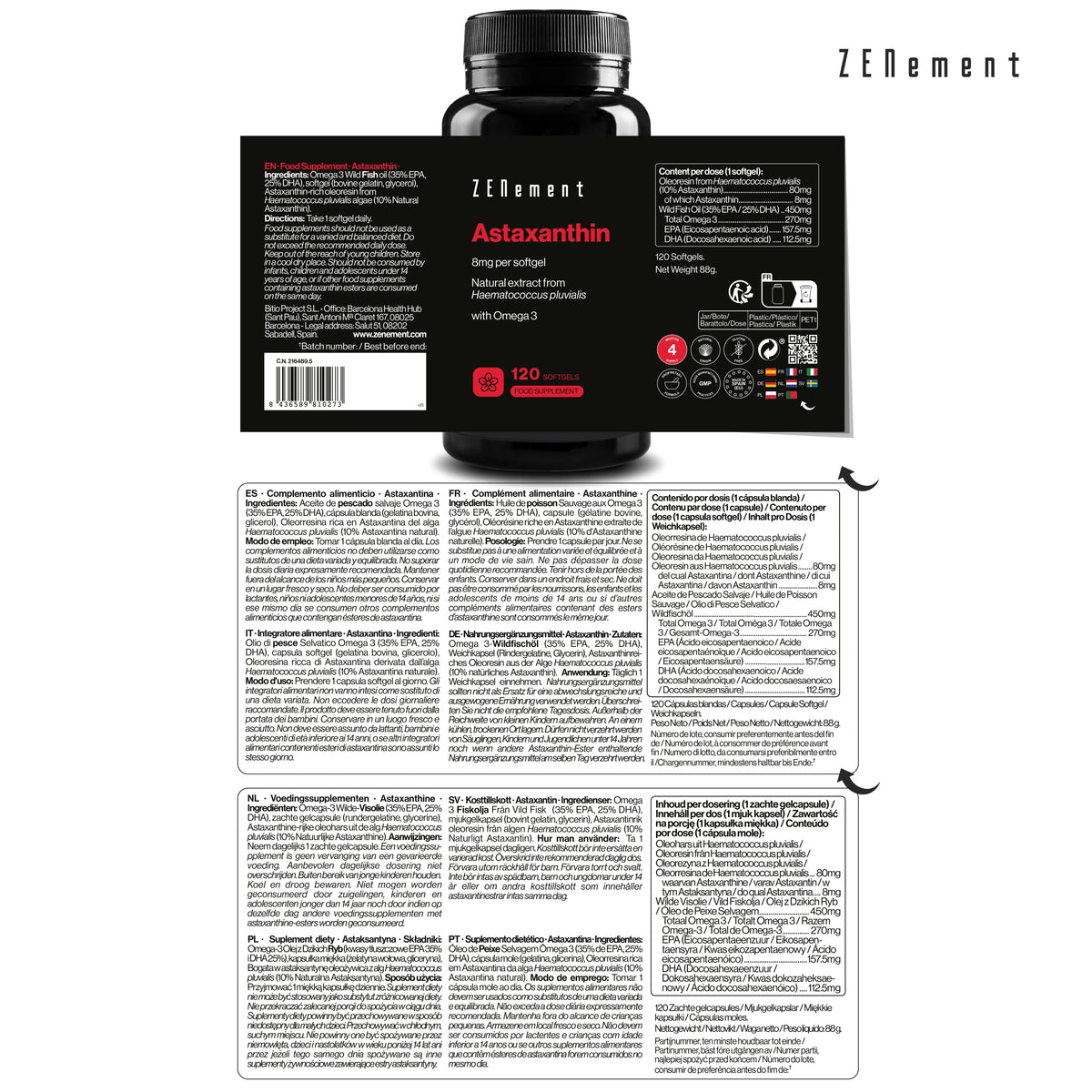 Astaxanthin 8 mg per pearl - 120 softgels zenement