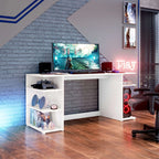 Miroytengo Tow Computer Desk with 3 Side Shelves, White Melamine Gaming Desk for Modern Office, Measures 136x75x60 cm, Ideal for Organizing Accessories and Tower, Easy Assembly.