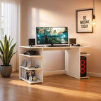 Miroytengo Tow Computer Desk with 3 Side Shelves, White Melamine Gaming Desk for Modern Office, Measures 136x75x60 cm, Ideal for Organizing Accessories and Tower, Easy Assembly.