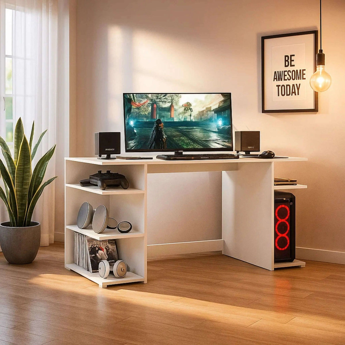 Miroytengo Tow Computer Desk with 3 Side Shelves, White Melamine Gaming Desk for Modern Office, Measures 136x75x60 cm, Ideal for Organizing Accessories and Tower, Easy Assembly.
