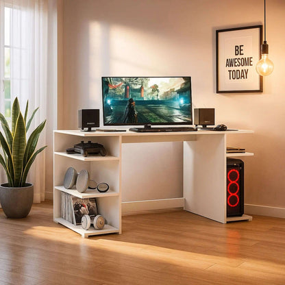Miroytengo Tow Computer Desk with 3 Side Shelves, White Melamine Gaming Desk for Modern Office, Measures 136x75x60 cm, Ideal for Organizing Accessories and Tower, Easy Assembly.