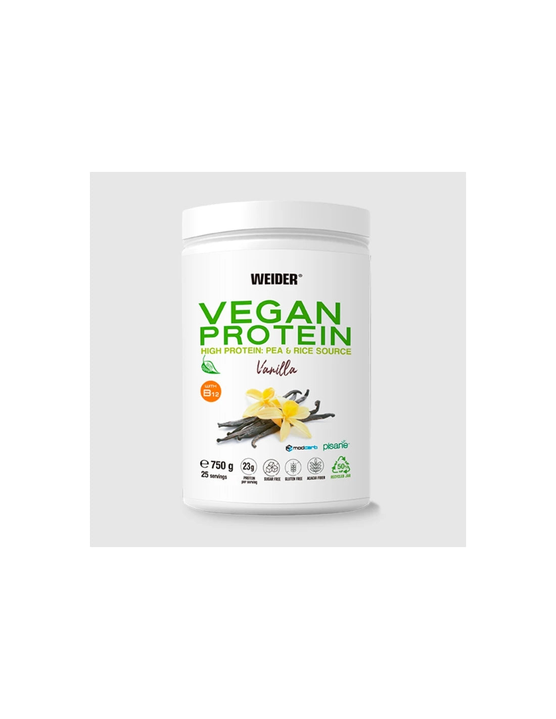 Weider vegan protein - 750 gr - 23g/dose isolated pea and rice. With vitamin b12 and stevia. Gluten free, sugar free.