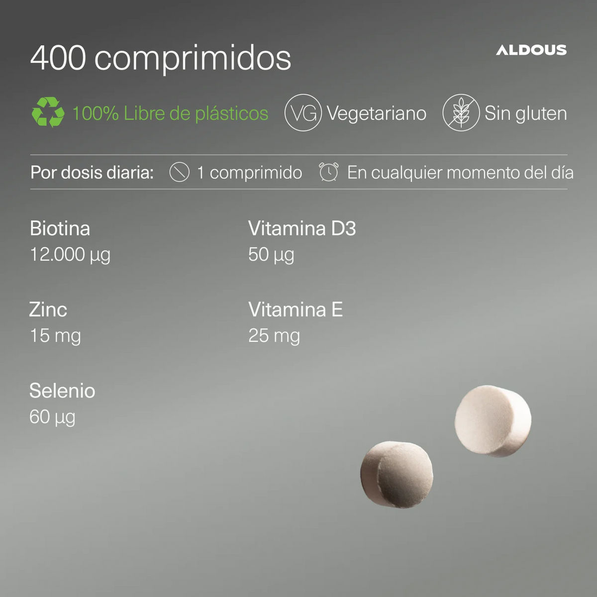 Biotin + zinc + selenium - 400 tablets 12,000 mcg (supply for 1+ year) - with vitamin d3 and e - without additives - aldous
