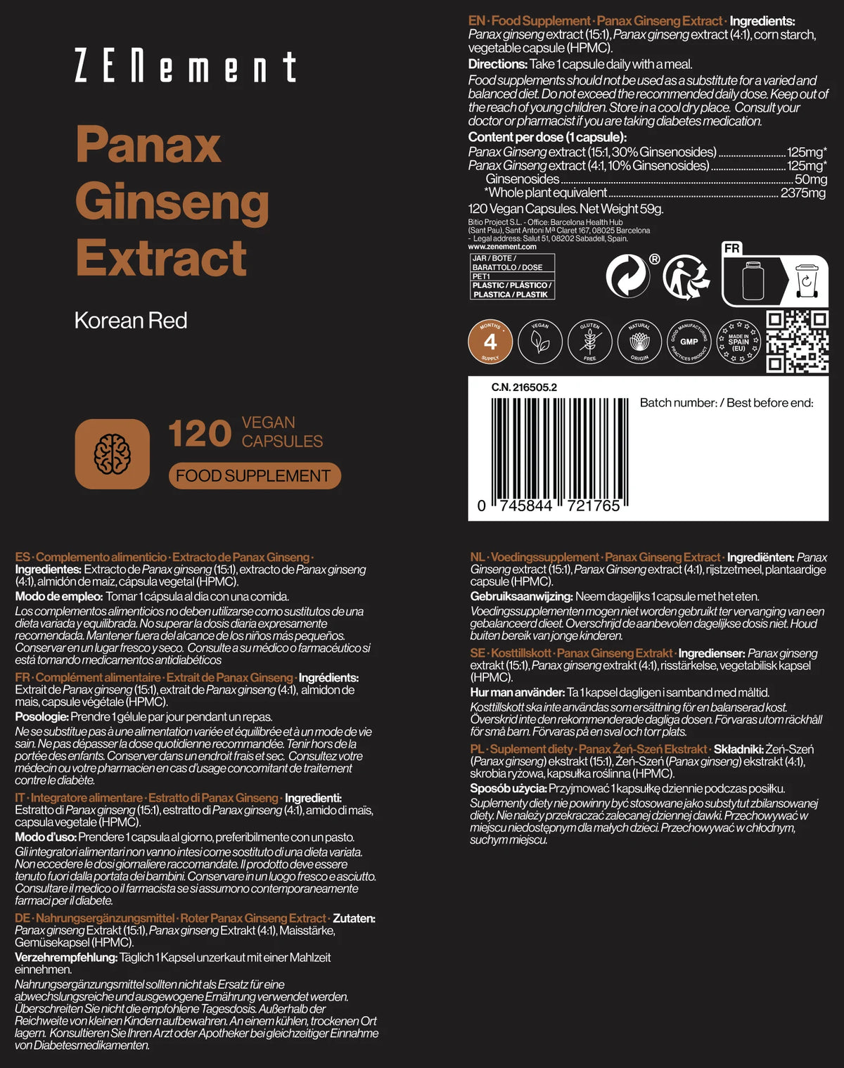 Highly concentrated panax ginseng extract - 120 zenement capsules