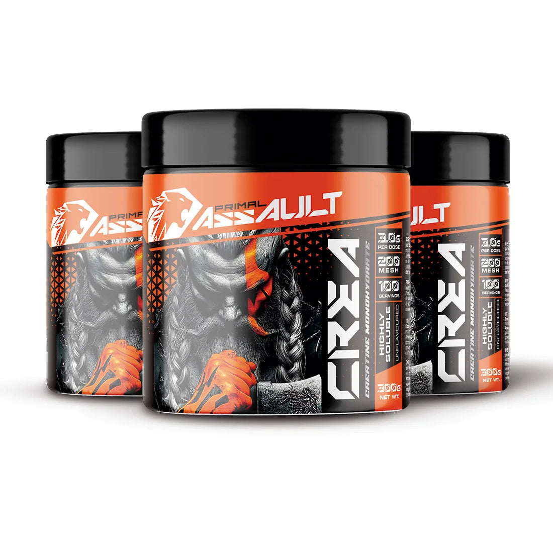 Assault | creatine powder without flavor 300g+300g+300g | 100% micronized creatine monohydrate | does not include dispenser | no additives and free of contaminants | non-gmo, vegan, gluten free