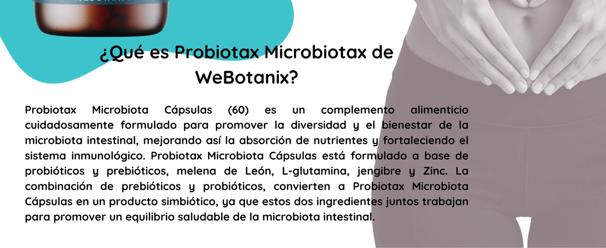 Webotanix. |   Probiotax microbiota capsules |   Symbiotic with megaflora 9 probiotics and inavea prebiotics |   With lion's mane, l-glutamine and zinc |   Digestive health and immunity |   60 capsules |   Vegan