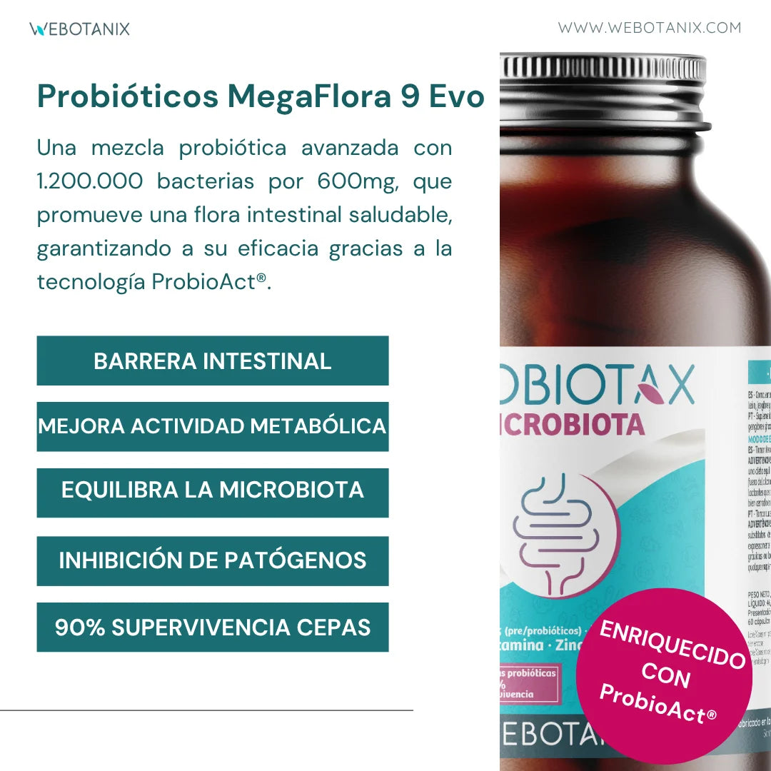 Webotanix. |   Probiotax microbiota capsules |   Symbiotic with megaflora 9 probiotics and inavea prebiotics |   With lion's mane, l-glutamine and zinc |   Digestive health and immunity |   60 capsules |   Vegan
