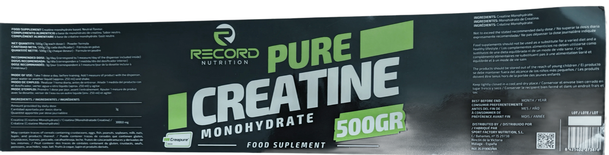 Record nutrition - creatine monohydrate creapure® of maximum purity for physical performance, post-workout recovery and improvement of muscle power in sports nutrition