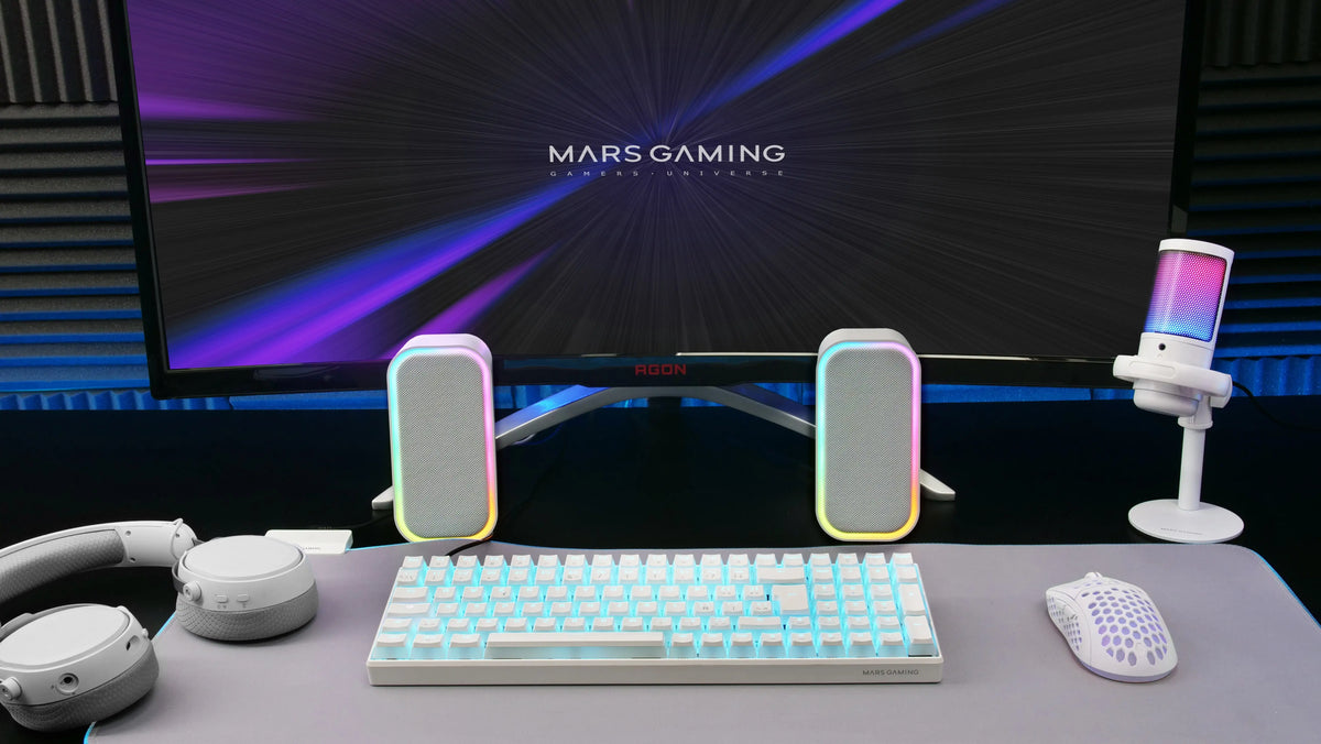 Mars Gaming MS-OM, 20W Gaming Speakers, RGB Dynamic Lighting, 5.3 + AUX-IN Bluetooth Speakers, Volume Control Box, DSP Chipset Customized, Universal Compatibility, Black or White Bluetooth Speakers