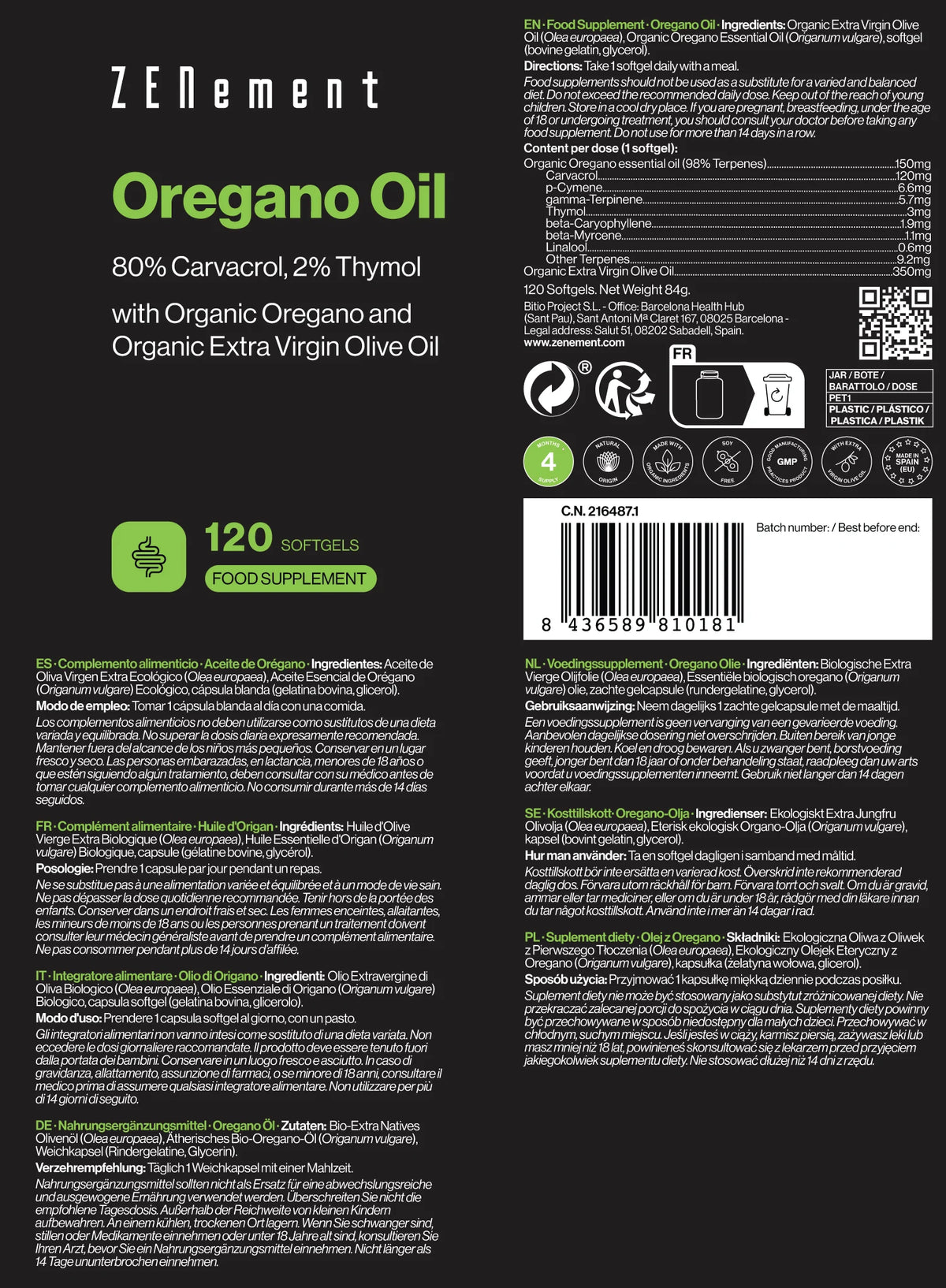 Oregano oil 80% carvacrol, 2% thymol - 120 zenement soft capsules