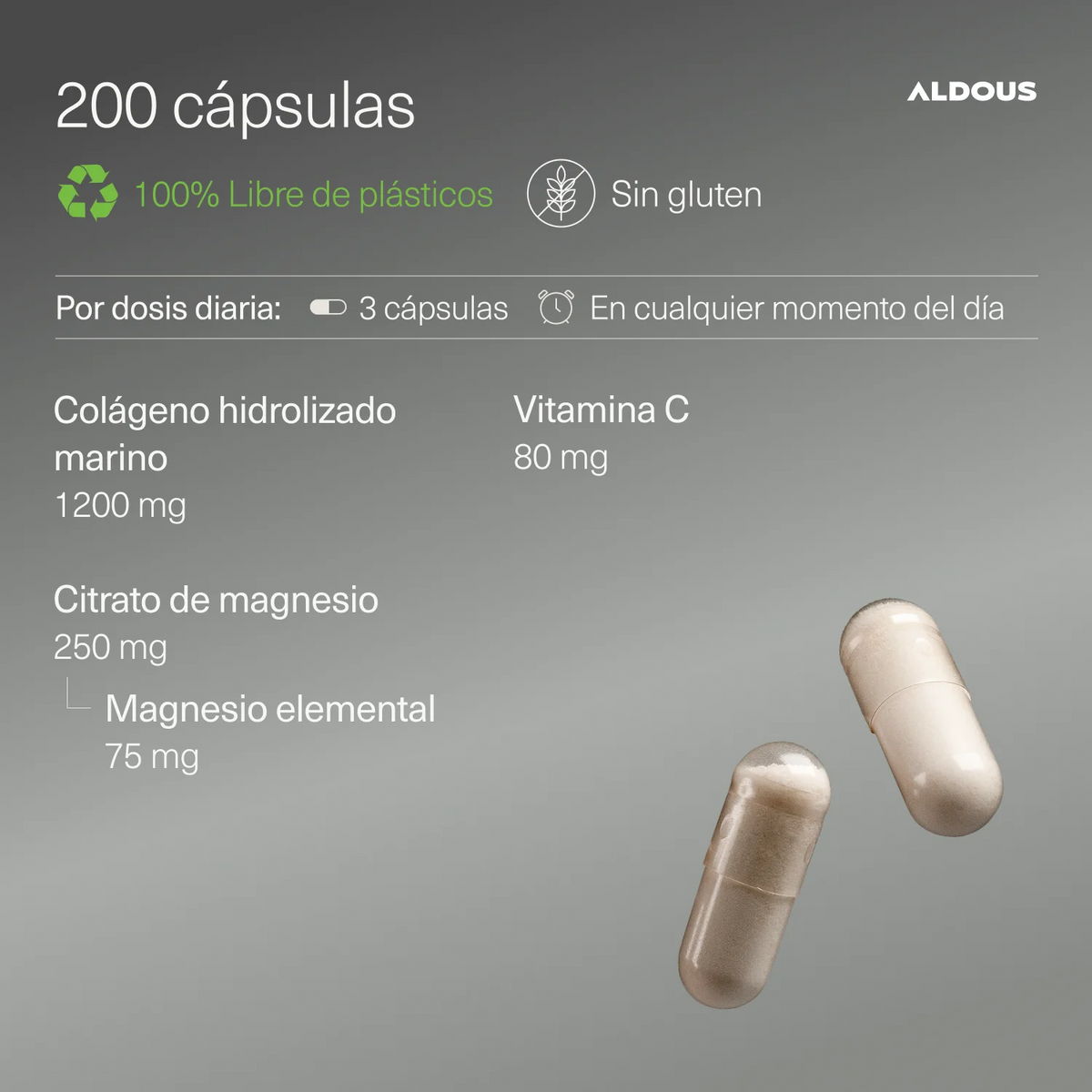 Pure hydrolyzed collagen with magnesium and vitamin c - 200 capsules - naticol hydrolyzed marine collagen - collagen with magnesium - aldous