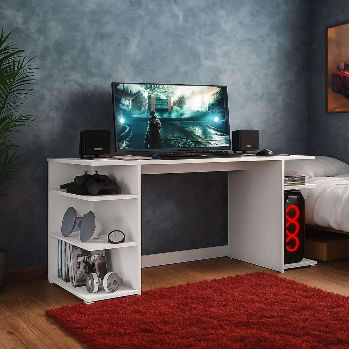 Miroytengo Tow Computer Desk with 3 Side Shelves, White Melamine Gaming Desk for Modern Office, Measures 136x75x60 cm, Ideal for Organizing Accessories and Tower, Easy Assembly.