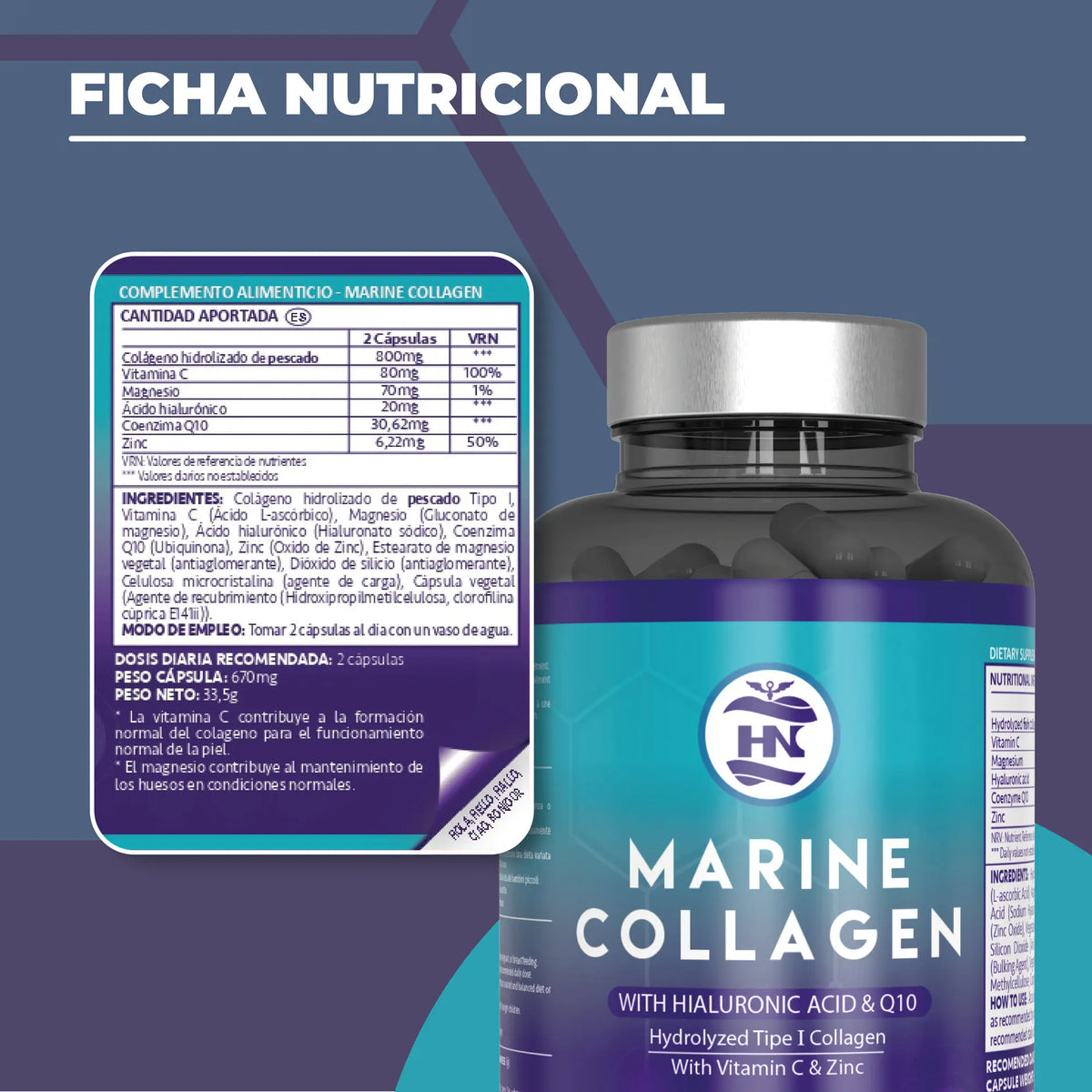 Hn healthy nutrition hydrolyzed marine collagen with hyaluronic acid, vitamin c, coenzyme q10, zinc and magnesium - 50 capsules - food supplement