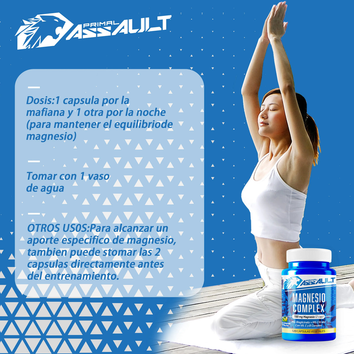 Primal assault |   Magnesium citrate 1545mg + magnesium bisglycinate 600mg - reduces tiredness and fatigue - magnesium complex high bioavailability - 120 capsules