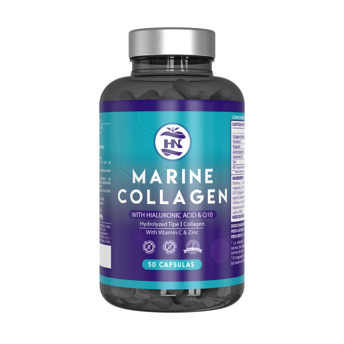 Hn healthy nutrition hydrolyzed marine collagen with hyaluronic acid, vitamin c, coenzyme q10, zinc and magnesium - 50 capsules - food supplement