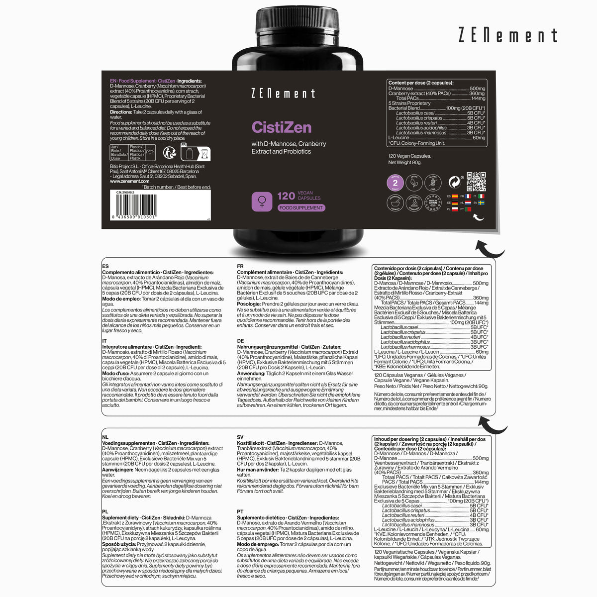 Cistizen with d-mannose, cranberry extract and probiotics - 120 vegan capsules zenement