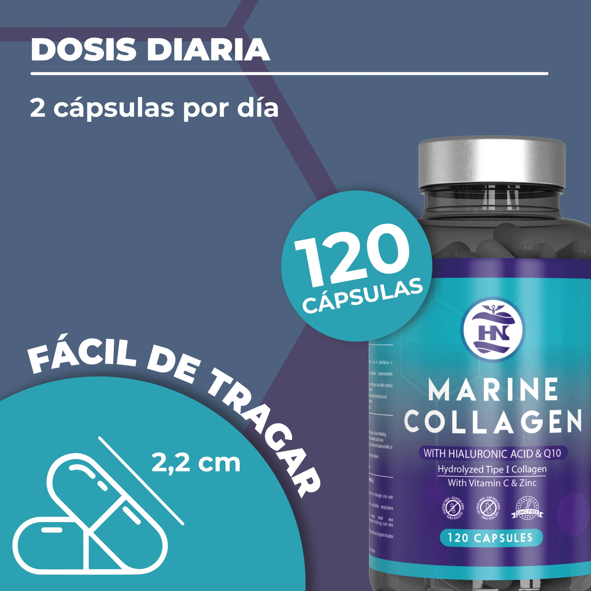 Hn healthy nutrition hydrolyzed marine collagen with hyaluronic acid, vitamin c, coenzyme q10, zinc and magnesium - 120 capsules - food supplement
