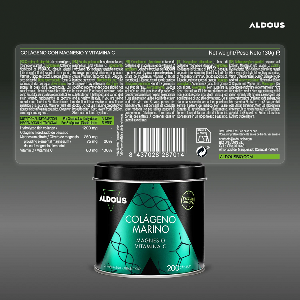 Pure hydrolyzed collagen with magnesium and vitamin c - 200 capsules - naticol hydrolyzed marine collagen - collagen with magnesium - aldous