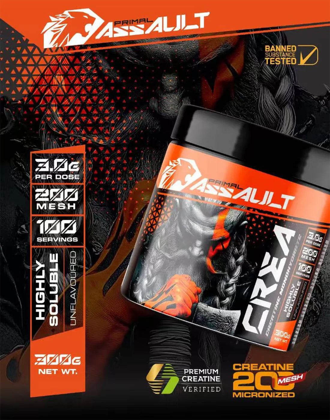 Assault | creatine powder without flavor 300g+300g+300g | 100% micronized creatine monohydrate | does not include dispenser | no additives and free of contaminants | non-gmo, vegan, gluten free