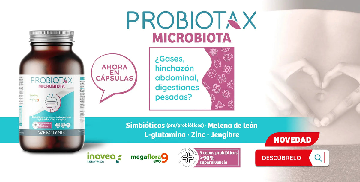Webotanix. |   Probiotax microbiota capsules |   Symbiotic with megaflora 9 probiotics and inavea prebiotics |   With lion's mane, l-glutamine and zinc |   Digestive health and immunity |   60 capsules |   Vegan