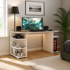 Miroytengo Tow Computer Desk with 3 Side Shelves, White Melamine Gaming Desk for Modern Office, Measures 136x75x60 cm, Ideal for Organizing Accessories and Tower, Easy Assembly.