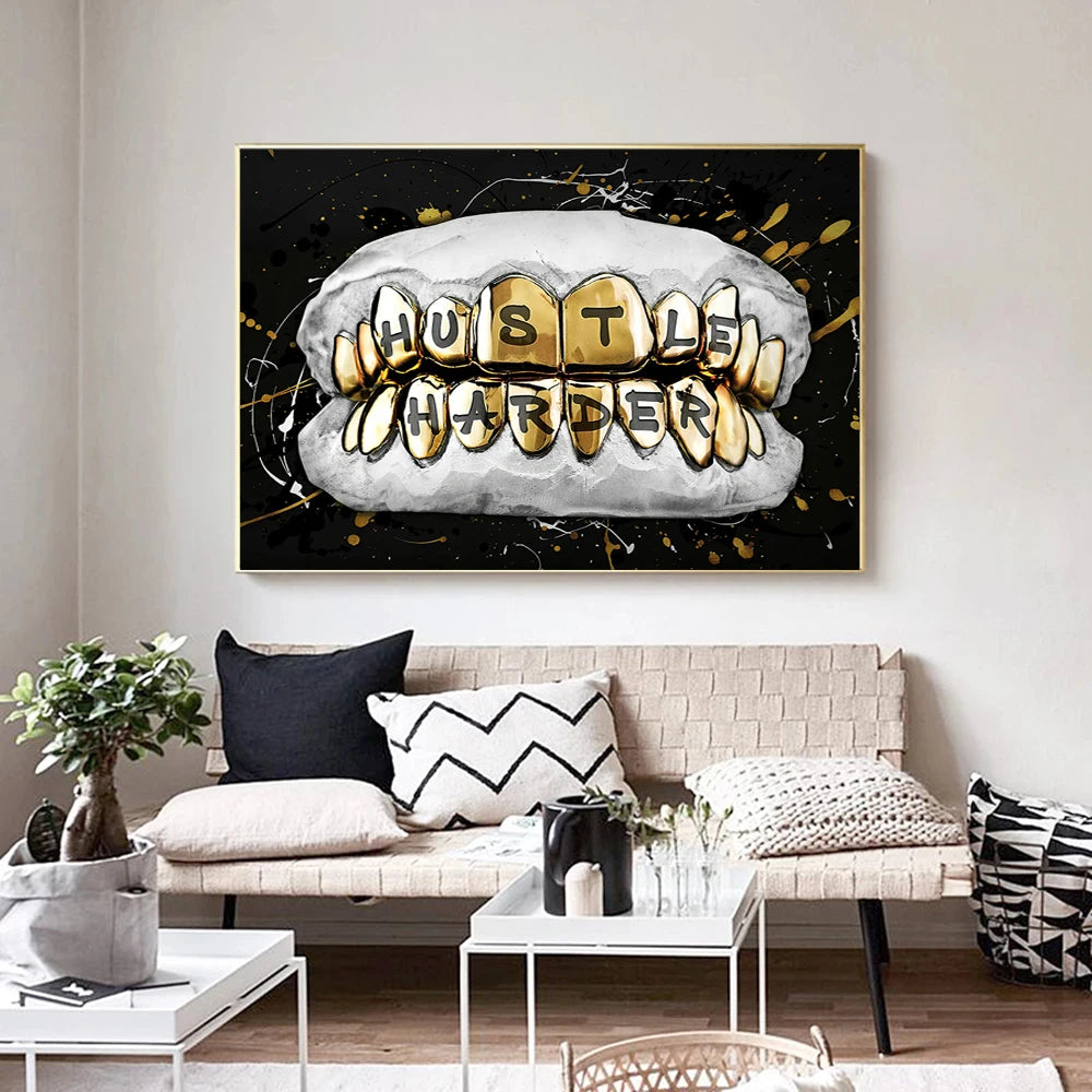 Inspirational Gold Tooth Canvas Painting Motivational Hustle Harder Canvas Art Posters Prints Wall Pictures for Living Room