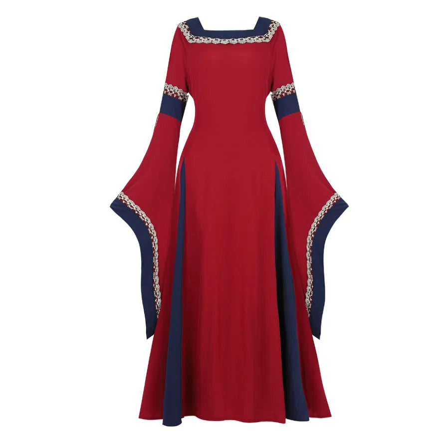 Women Medieval Renaissance Trumpet Sleeve Retro Loor Length Gown Lace Trim Irish Over Long Dress Halloween Costume Plus Size