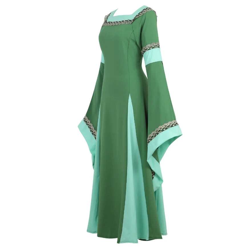 Women Medieval Renaissance Trumpet Sleeve Retro Loor Length Gown Lace Trim Irish Over Long Dress Halloween Costume Plus Size