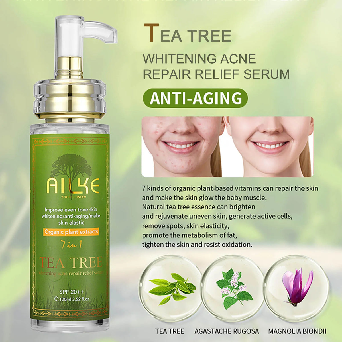AILKE Tea Tree Oil Serum for Face and Body, Brightening, Moisturizing, Anti Acne Essence, With Vitamin E & Vitamin B3, 100ml