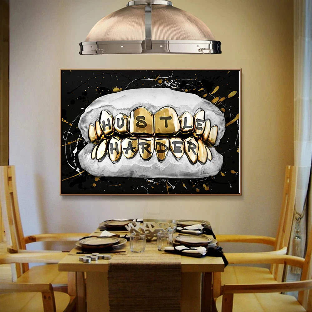 Inspirational Gold Tooth Canvas Painting Motivational Hustle Harder Canvas Art Posters Prints Wall Pictures for Living Room