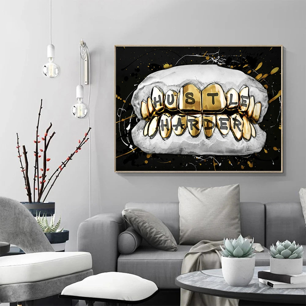 Inspirational Gold Tooth Canvas Painting Motivational Hustle Harder Canvas Art Posters Prints Wall Pictures for Living Room