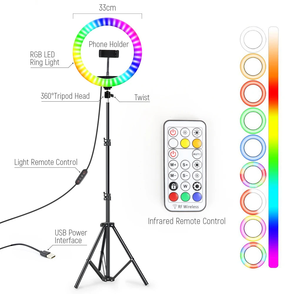 13inch RGB Led Selfie Ring Light With 0.5m 1.6m 2m Tripod Colorful 33cm Photographic Lighting With Remote Control For Youtube