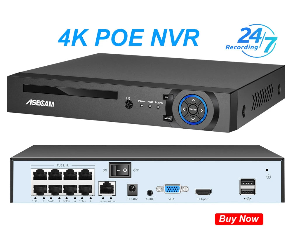 ASECAM 4K 8MP IP Camera Outdoor Audio POE H.265 Onvif Wide Angle 2.8mm AI Humanoid Detection Home CCTV Surveillance Camera