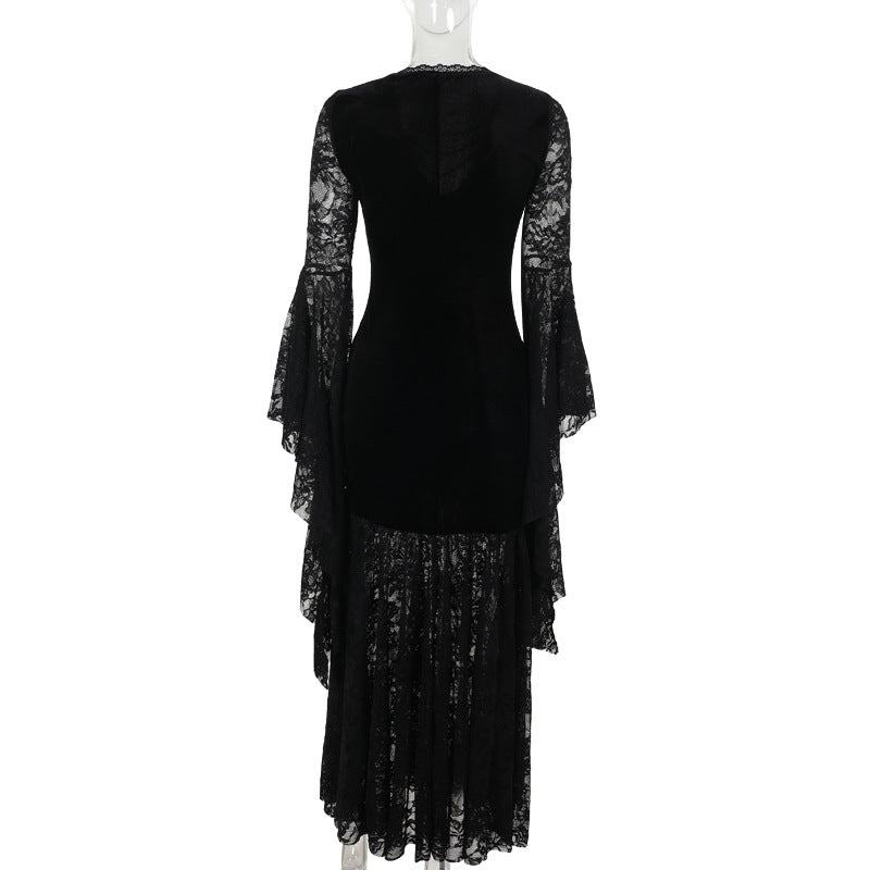 Halloween Costume Women Batwing Sleeve Floor Dress Black Gothic Evil Terror Maxi Mistress Morticia Addam Family Outfit For Adult