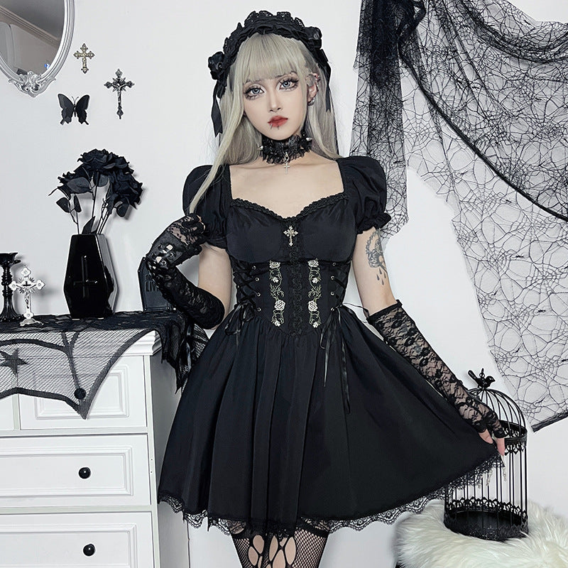 Mall Gothic Emo Jacquard A-line Dresses Goth dress Elegant Grunge Ruched Bandage Partywear Punk Black Women Halloween Club Dress