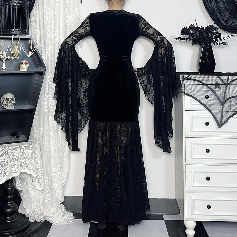 Halloween Costume Women Batwing Sleeve Floor Dress Black Gothic Evil Terror Maxi Mistress Morticia Addam Family Outfit For Adult