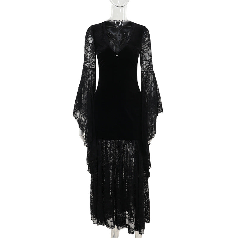 Halloween Costume Women Batwing Sleeve Floor Dress Black Gothic Evil Terror Maxi Mistress Morticia Addam Family Outfit For Adult