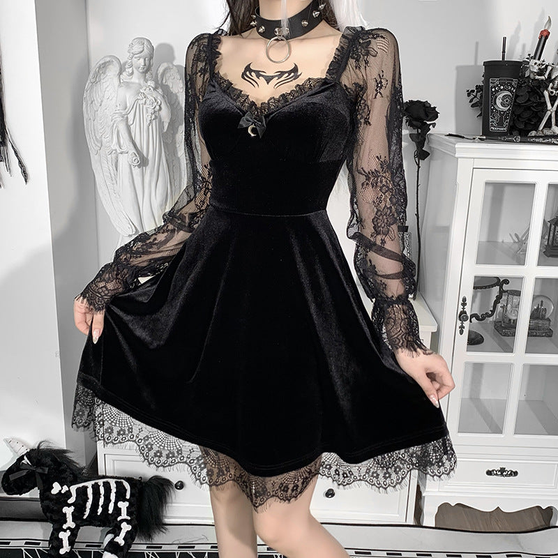 Mall Gothic Emo Jacquard A-line Dresses Goth dress Elegant Grunge Ruched Bandage Partywear Punk Black Women Halloween Club Dress