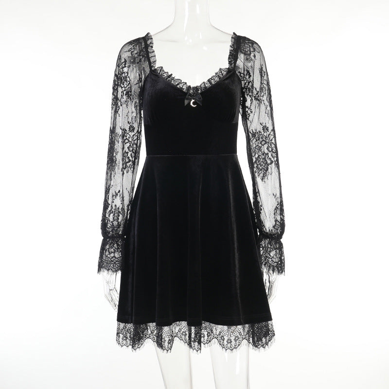 Mall Gothic Emo Jacquard A-line Dresses Goth dress Elegant Grunge Ruched Bandage Partywear Punk Black Women Halloween Club Dress