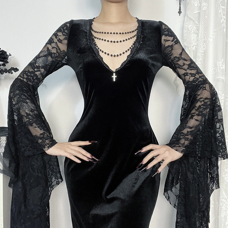Halloween Costume Women Batwing Sleeve Floor Dress Black Gothic Evil Terror Maxi Mistress Morticia Addam Family Outfit For Adult