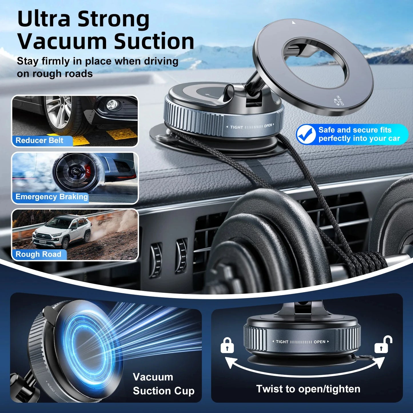 Magnetic Car Phone Holder | 360° Rotation, Vacuum Suction Cup, Universal Fit
